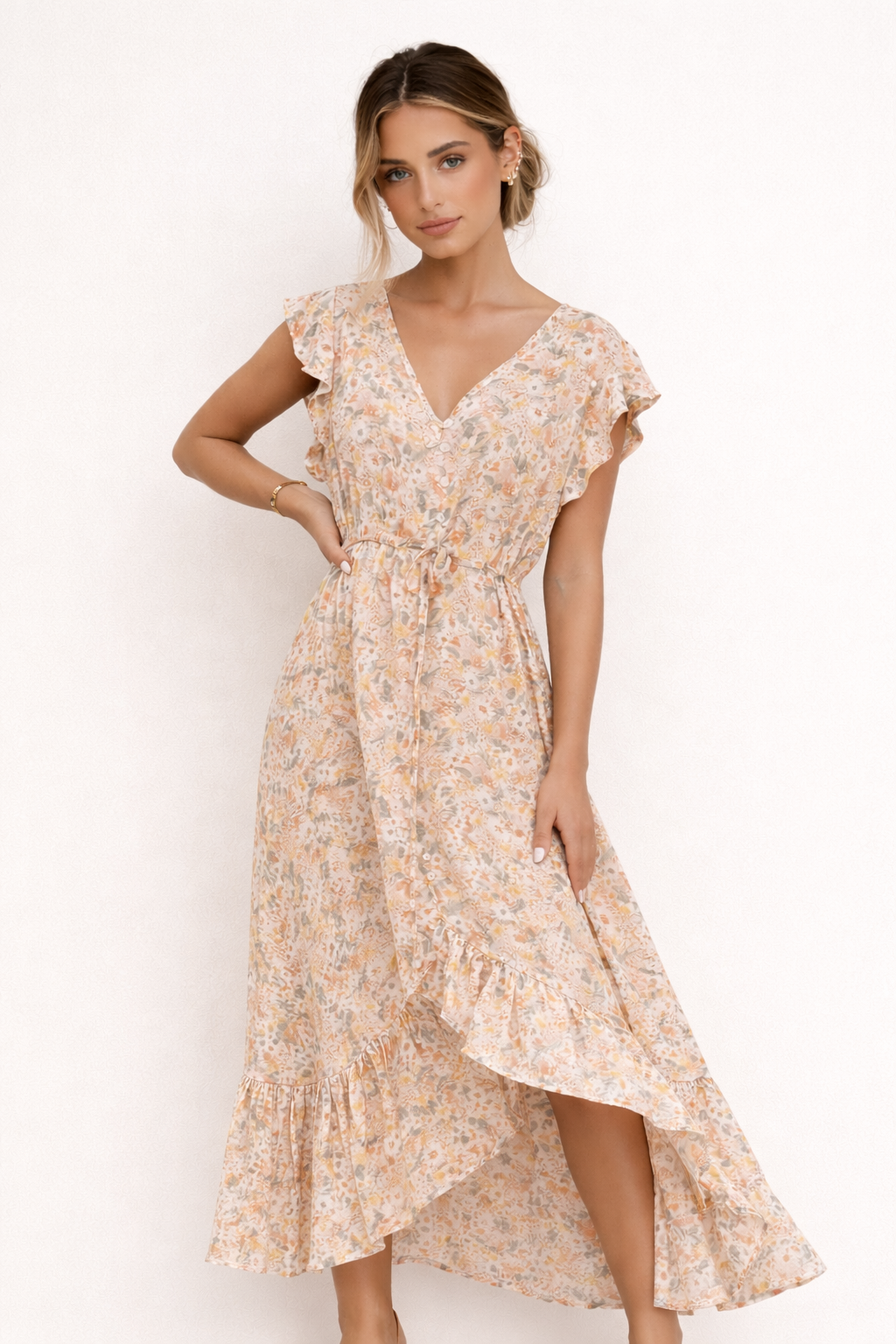 Robe midi florale élégante pour femmes, coupe fluide beige, col en V, parfaite pour l'été et le printemps.