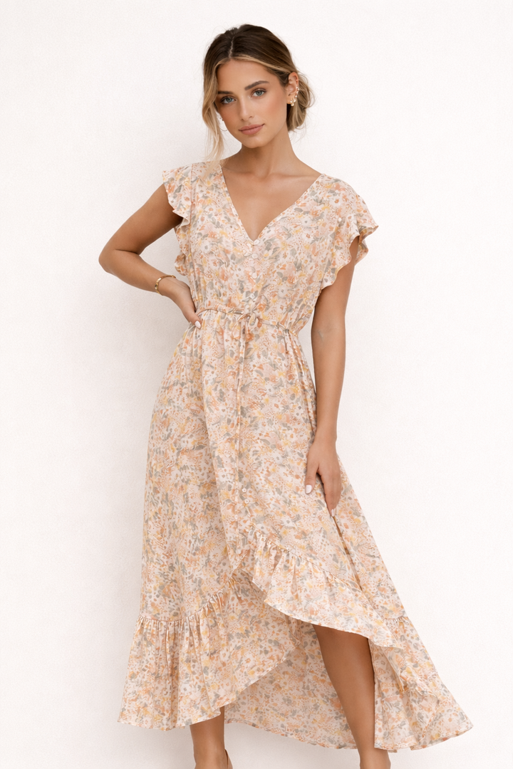 Robe midi florale élégante pour femmes, coupe fluide beige, col en V, parfaite pour l'été et le printemps.