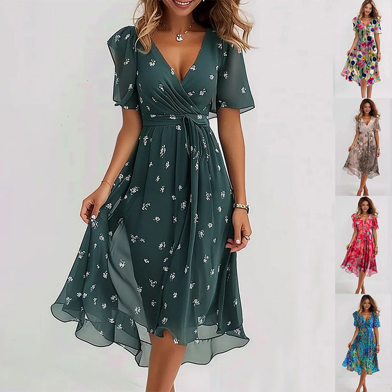Robe longue florale midi chic pour femme, idéale pour la saison automnale. Élégance décontractée.