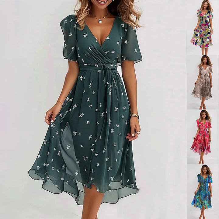 Robe longue florale midi chic pour femme, idéale pour la saison automnale. Élégance décontractée.