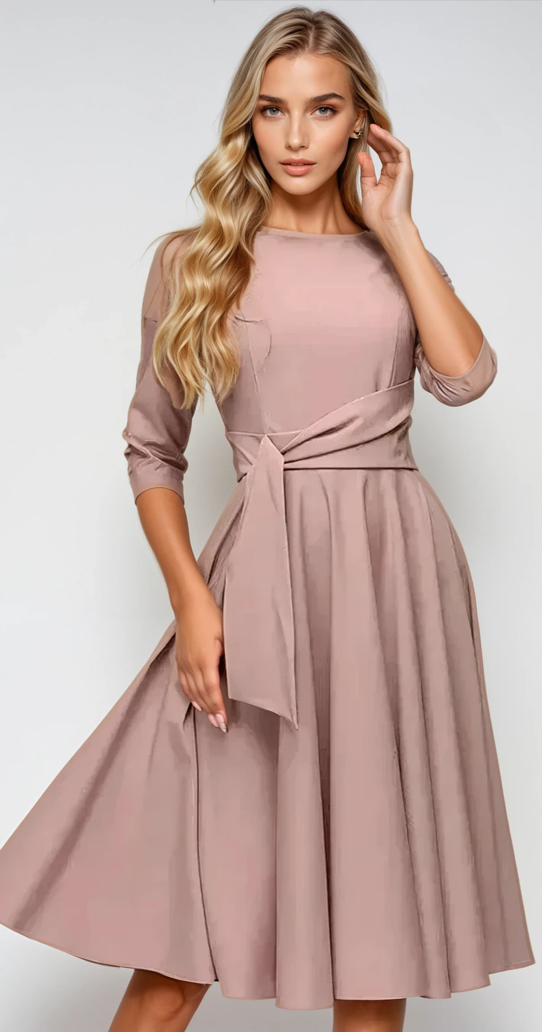 Robe midi fluide nouée à la taille.  Coupe élégante et polyvalente.  Parfait pour toutes les occasions.