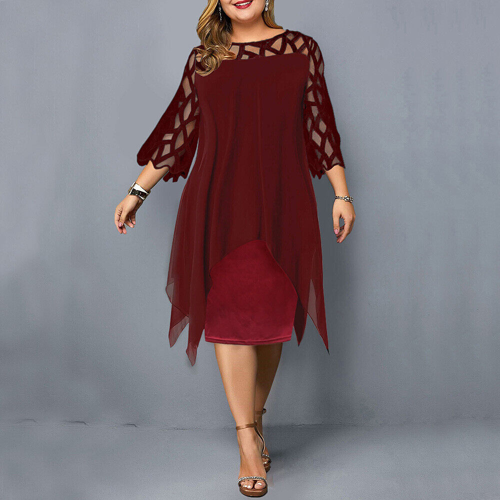 Robe midi femme grande taille avec détails de dentelle, col rond, pour mariage ou soirée.