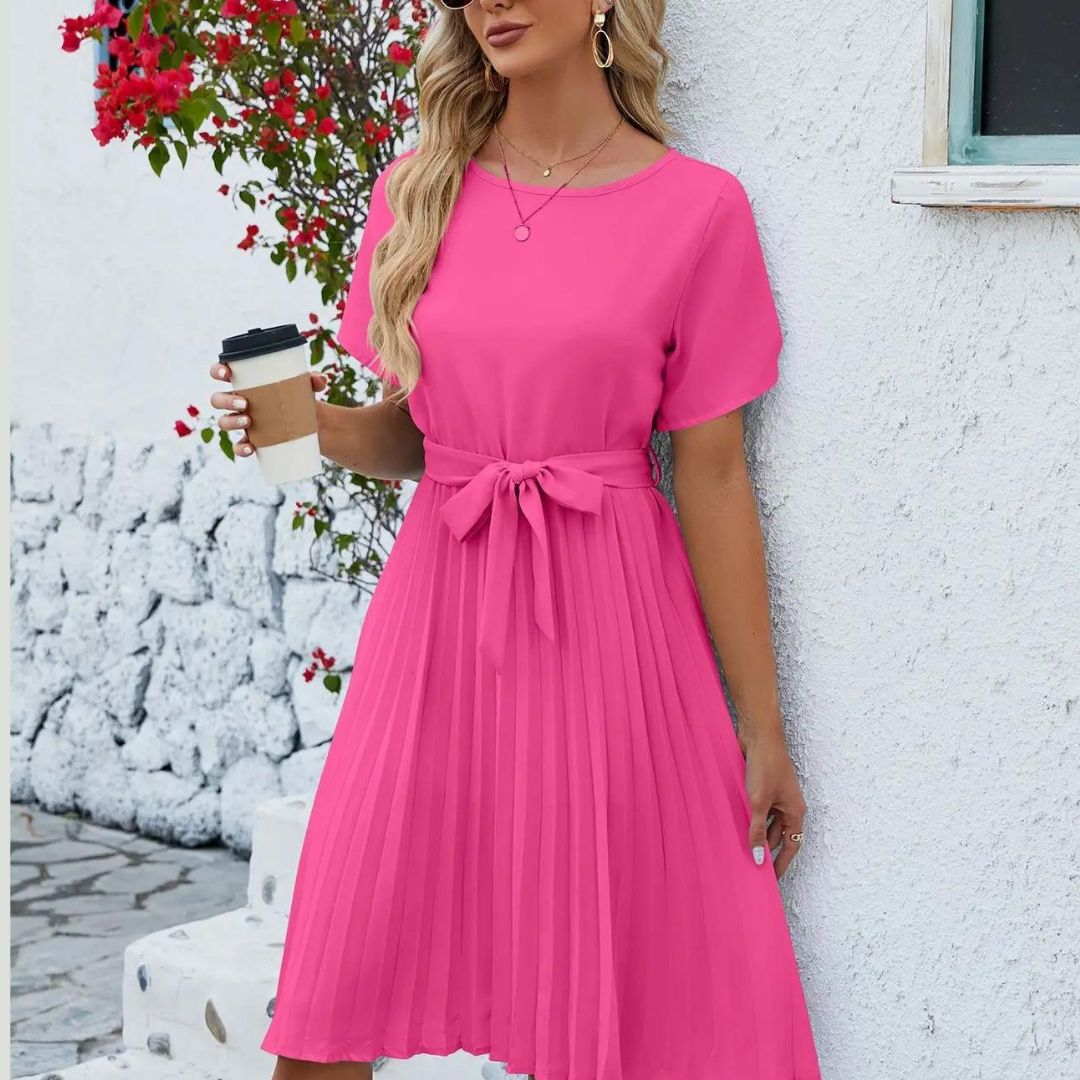 Robe chic femme midi plissée, ceinture à nouer, disponible en bleu, noir, orange, blanc, rose.