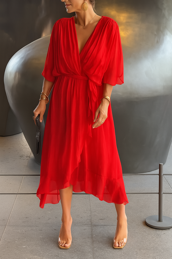 Magnifique robe portefeuille midi femme avec col V, ourlet asymétrique. Élégante et confortable pour toute occasion.