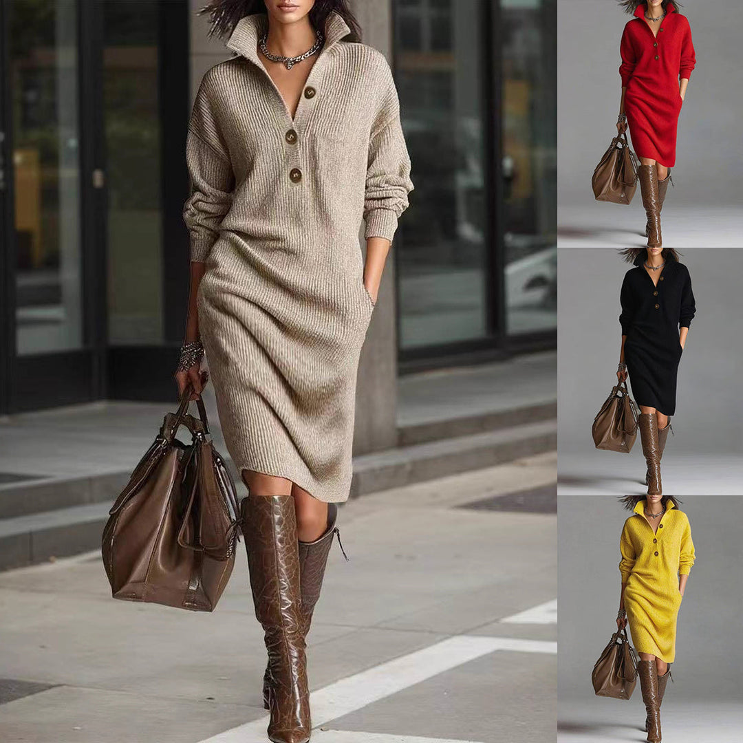 Robe pull femme élégante, col V boutonné, manches longues. Idéale mode hiver chic et confortable.