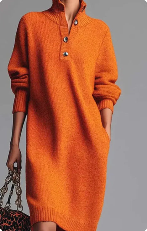 Robe pull femme chic, col V boutonné, manches longues. Look moderne et confortable, idéal pour l'hiver.