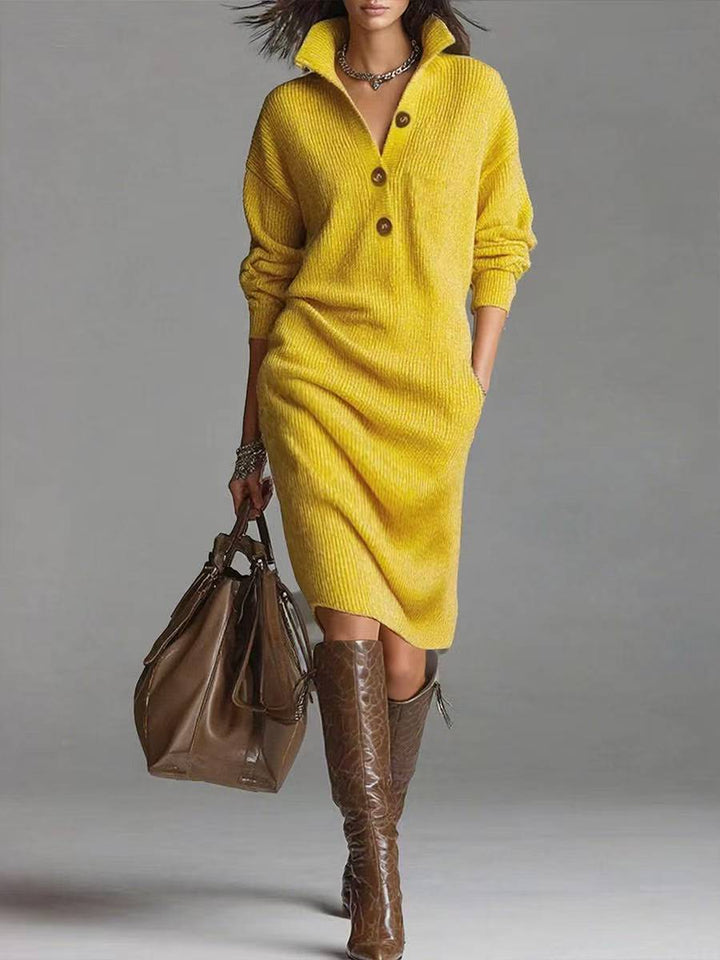 Mode femme: robe pull chic, col V boutonné, manches longues. Confortable et élégante pour l'automne/hiver.