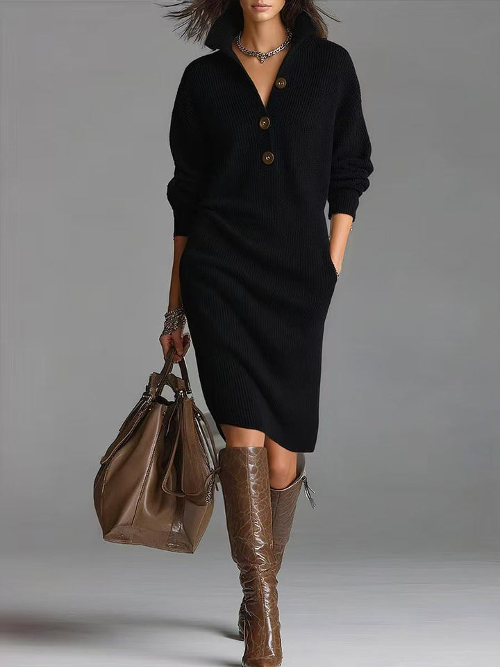 Robe pull femme, col V boutonné, manches longues. Design élégant et confortable pour toutes morphologies.