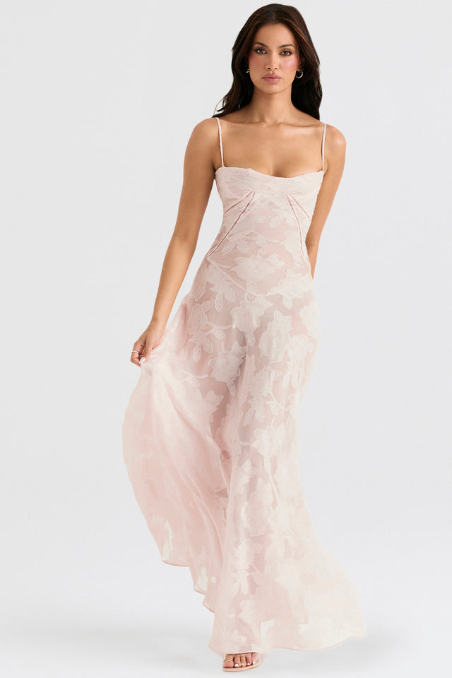 Robe rose vintage dentelle, soirée glamour.  Coupe élégante, détails floraux.