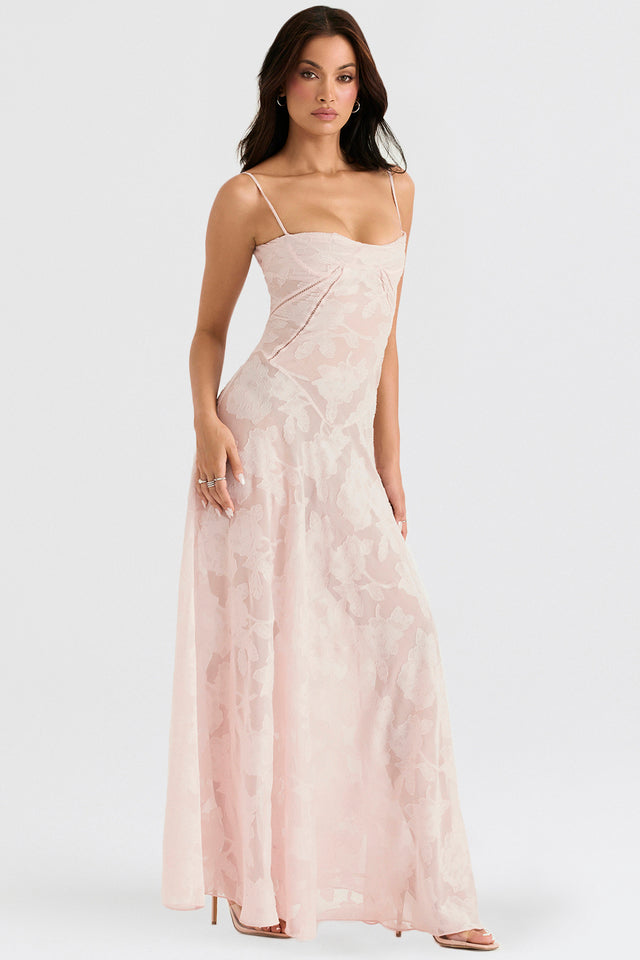 Robe rose vintage dentelle, soirée glamour.  Coupe élégante, détails floraux.