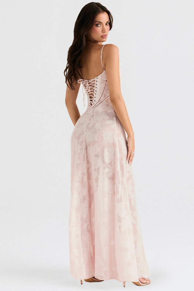 Robe rose vintage dentelle, soirée glamour.  Coupe élégante, détails floraux.