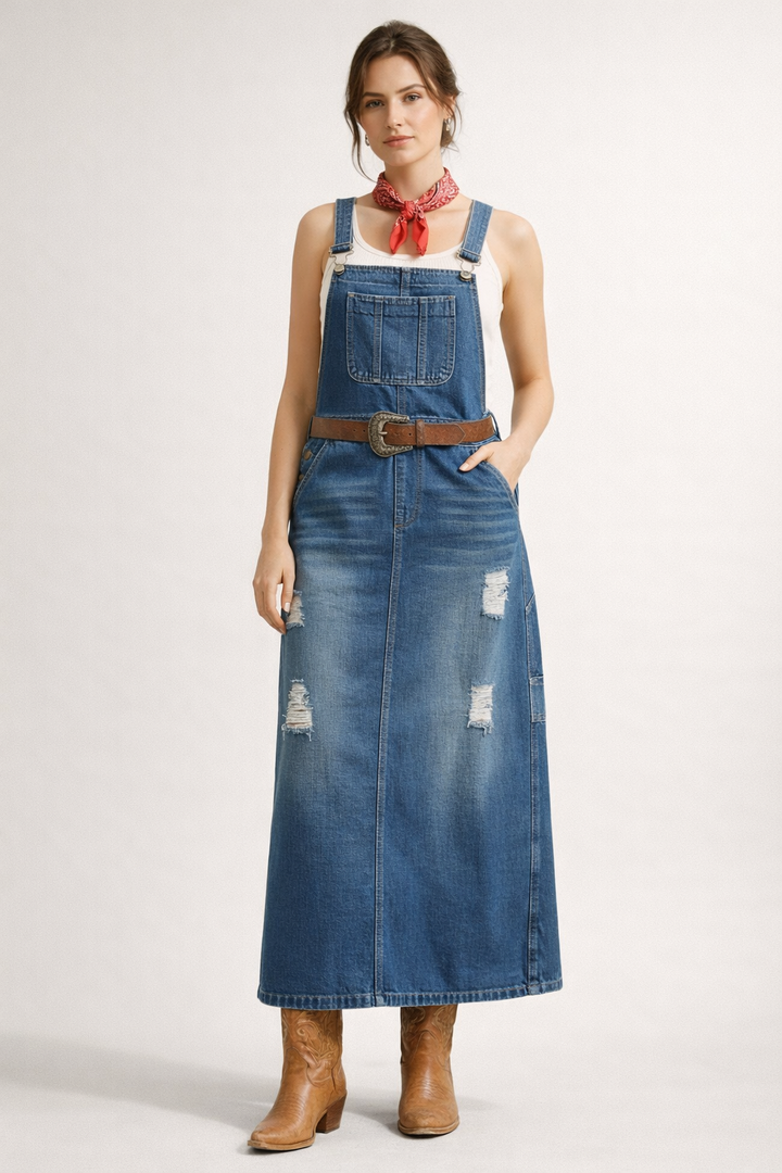 Robe salopette midi femme bleue, élégante et décontractée pour l'été. Style mode chic féminin.
