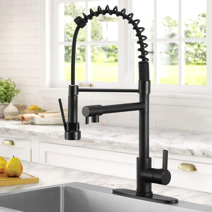 Robinet cuisine noir mat, douchette extensible. Design moderne,  installation facile.