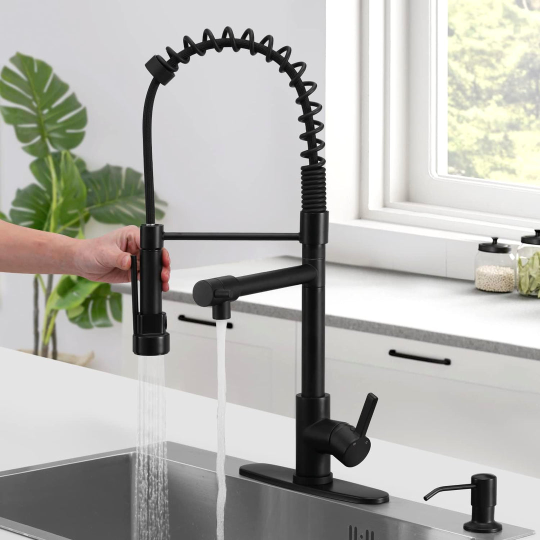 Robinet cuisine noir mat, douchette extensible. Design moderne,  installation facile.