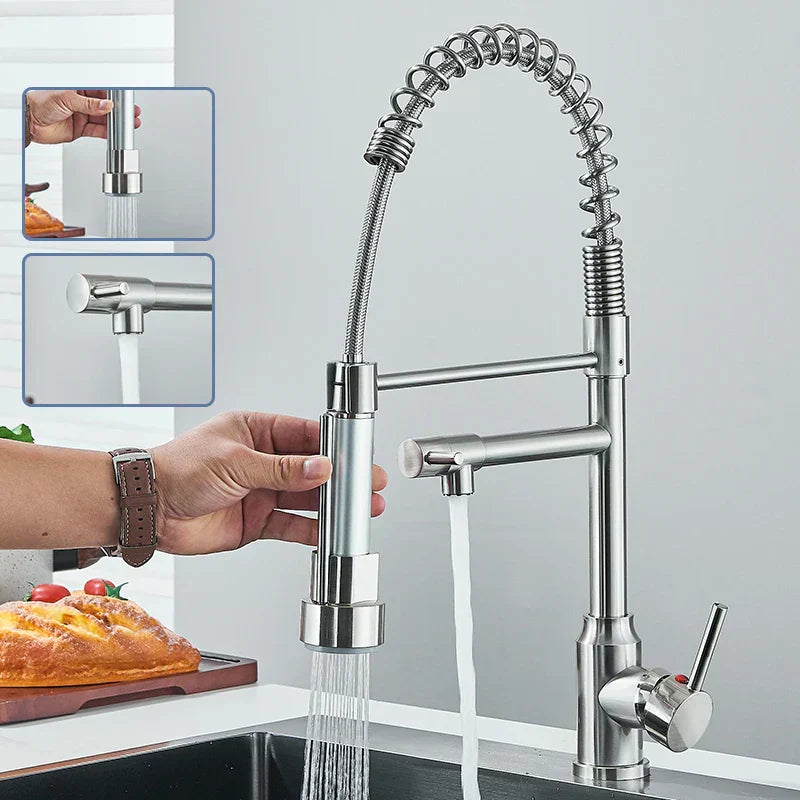 "Robinet de cuisine pivotant en acier inoxydable, design minimaliste, avec rotation 360°, pour flexibilité maximale."