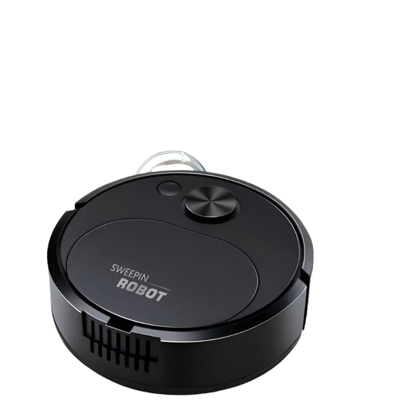 Robot aspirateur 3-en-1 noir et blanc, design compact, aspire, balaye, lave, idéal pour nettoyage maison efficace et silencie
