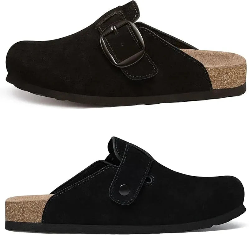 Sabots femme en cuir suédé marron, ajustables et ergonomiques, parfaits pour la saison chaude.