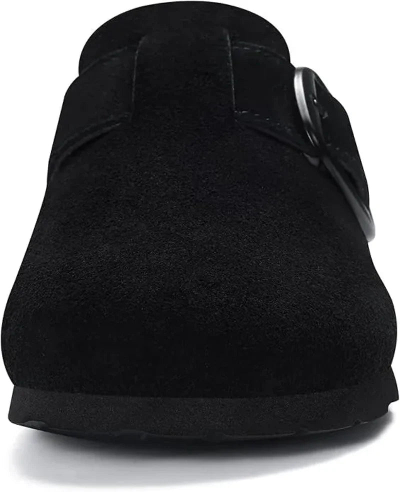 Mules confortables en suède pour femmes, style chic décontracté, avec boucle décorative.