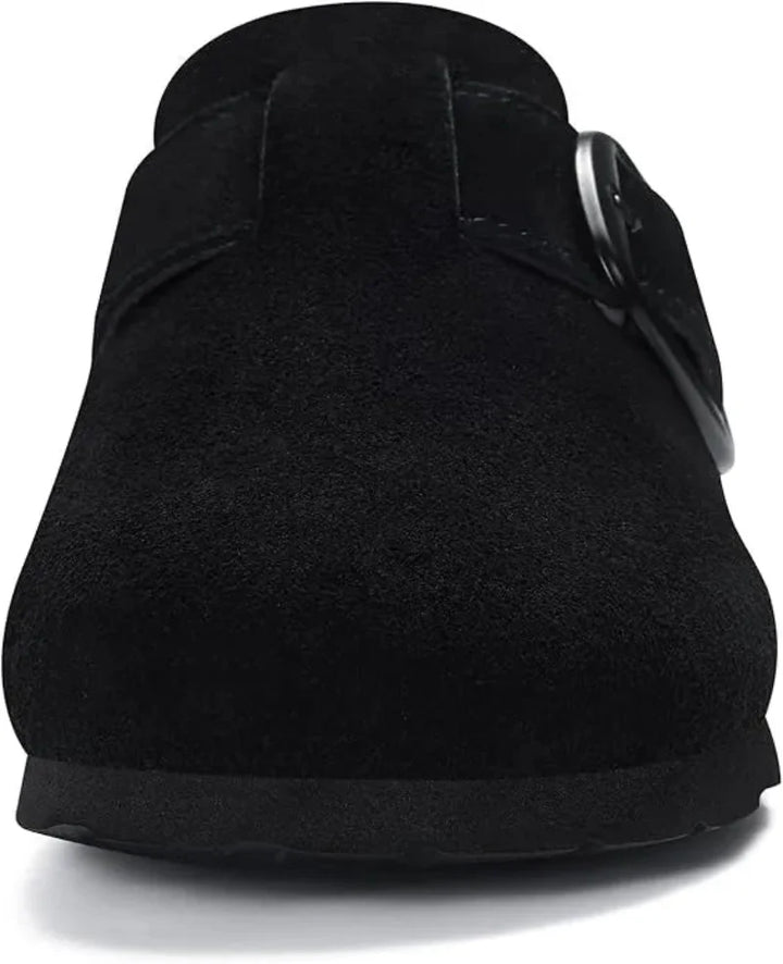 Mules confortables en suède pour femmes, style chic décontracté, avec boucle décorative.
