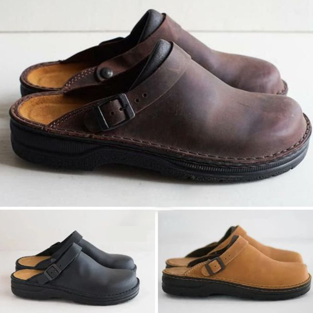"Sabots orthopédiques en cuir marron, confort optimal, design versatile, semelle antidérapante, tailles 38-48"