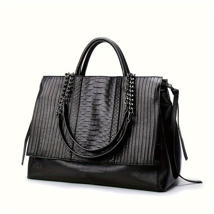 Sac à bandoulière noir élégant pour femmes, grand format avec compartiments, en cuir synthétique, style moderne chic.