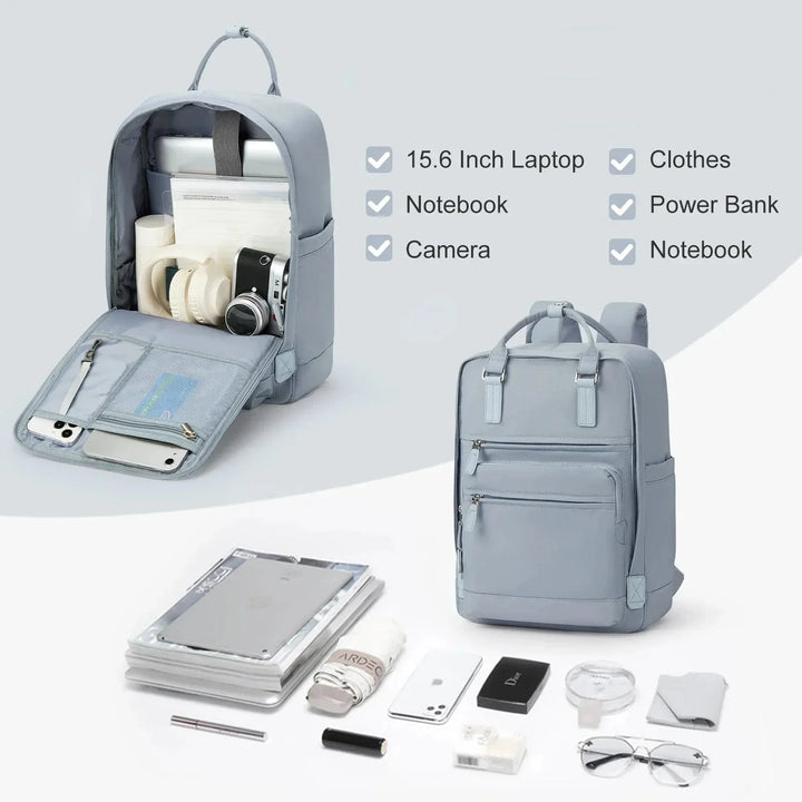 Sac à dos chic femme en nylon bleu, spacieux et élégant, idéal pour travail et voyages. Résistant et imperméable.