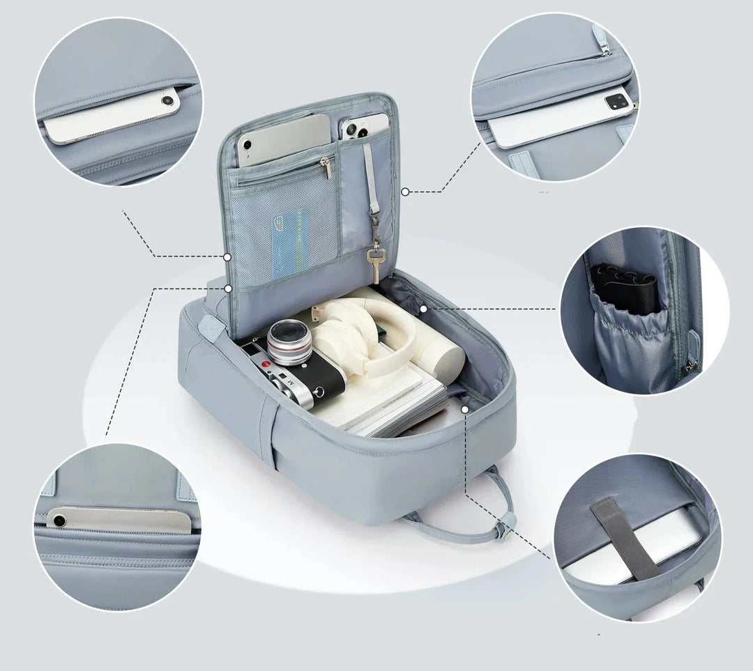 Sac à dos chic femme en nylon bleu, spacieux et élégant, idéal pour travail et voyages. Résistant et imperméable.