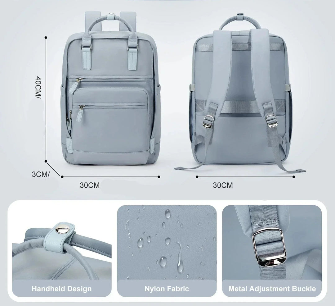 Sac à dos chic femme en nylon bleu, spacieux et élégant, idéal pour travail et voyages. Résistant et imperméable.