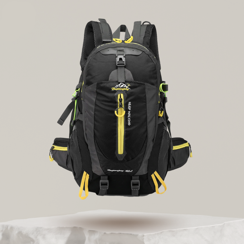 Sac à dos de randonnée 40L noir, imperméable et ergonomique, avec sangles ajustables, dos rembourré, idéal plein air.