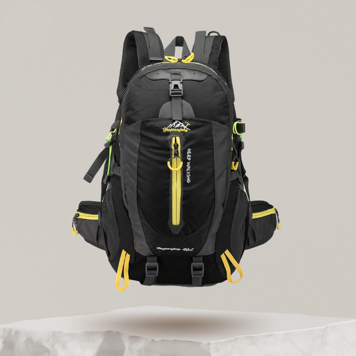 Sac à dos de randonnée 40L noir, imperméable et ergonomique, avec sangles ajustables, dos rembourré, idéal plein air.