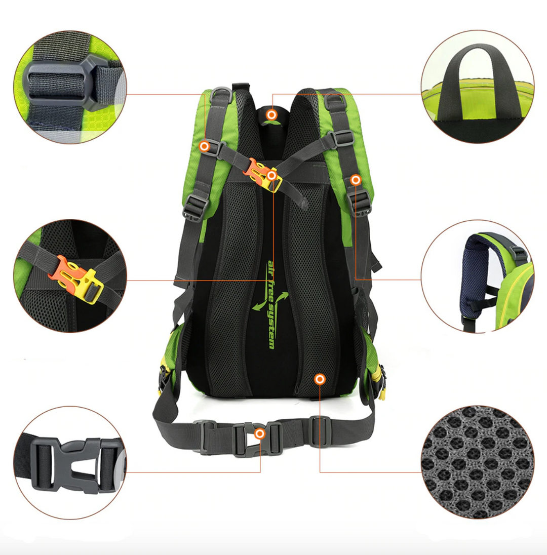 Sac à dos de randonnée 40L noir, imperméable et ergonomique, avec sangles ajustables, dos rembourré, idéal plein air.