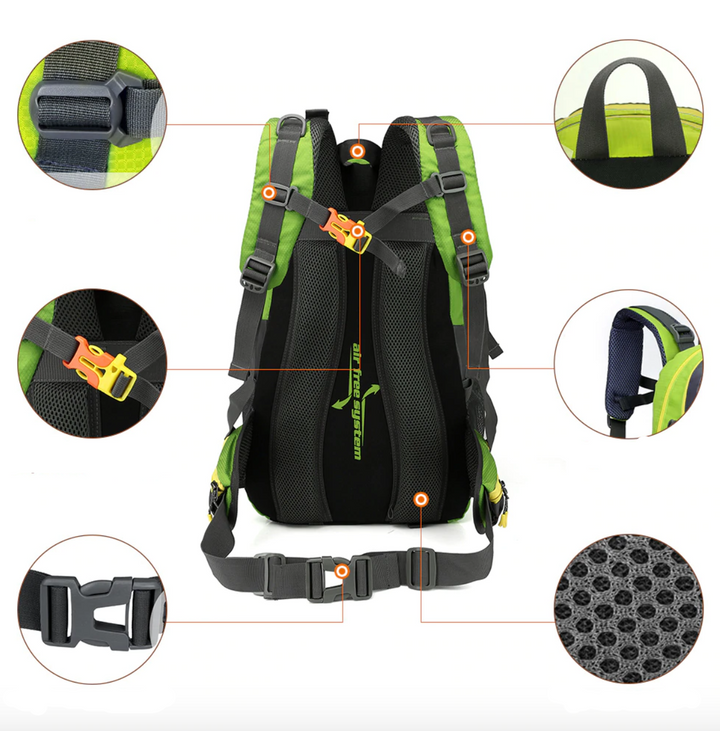 Sac à dos de randonnée 40L noir, imperméable et ergonomique, avec sangles ajustables, dos rembourré, idéal plein air.