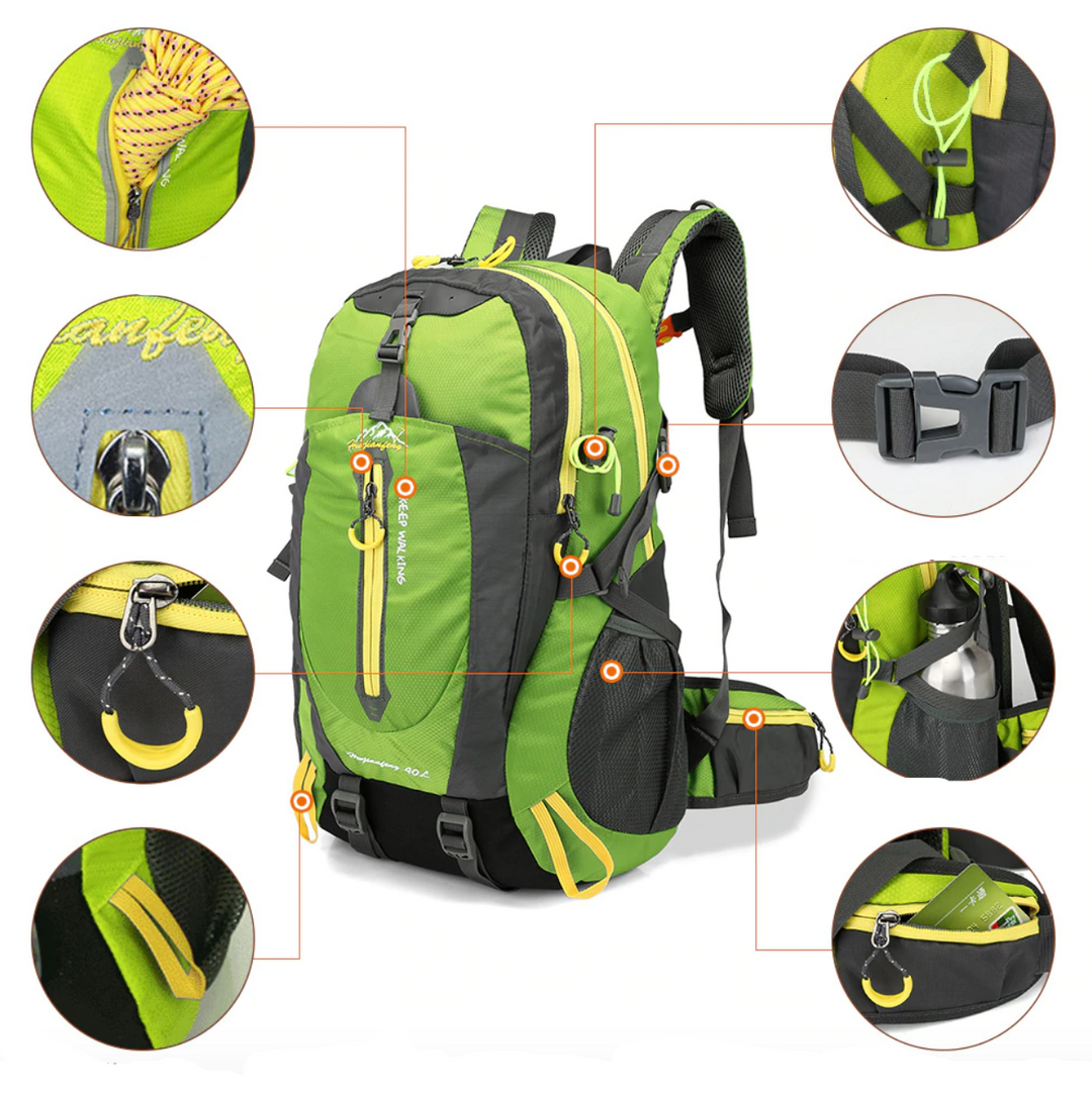 Sac à dos de randonnée 40L noir, imperméable et ergonomique, avec sangles ajustables, dos rembourré, idéal plein air.