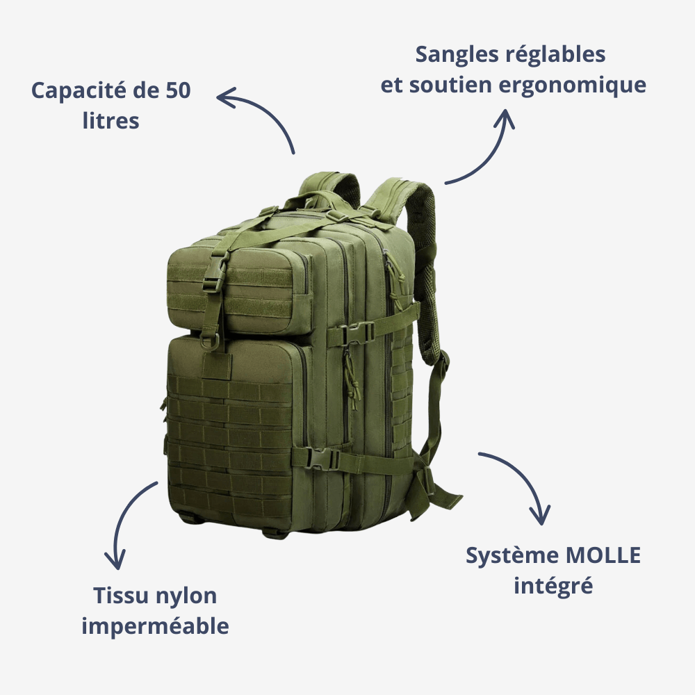 "Sac à dos étanche 50L en nylon robuste, trois compartiments, système MOLLE, idéal pour plein air et randonnées."
