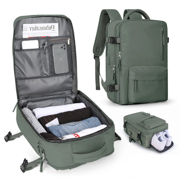 "Sac à dos imperméable bleu marine, grande capacité, avec port USB et design antivol pour voyager et randonnée."