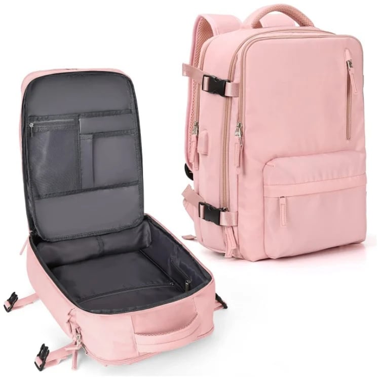 "Sac à dos imperméable bleu marine, grande capacité, avec port USB et design antivol pour voyager et randonnée."