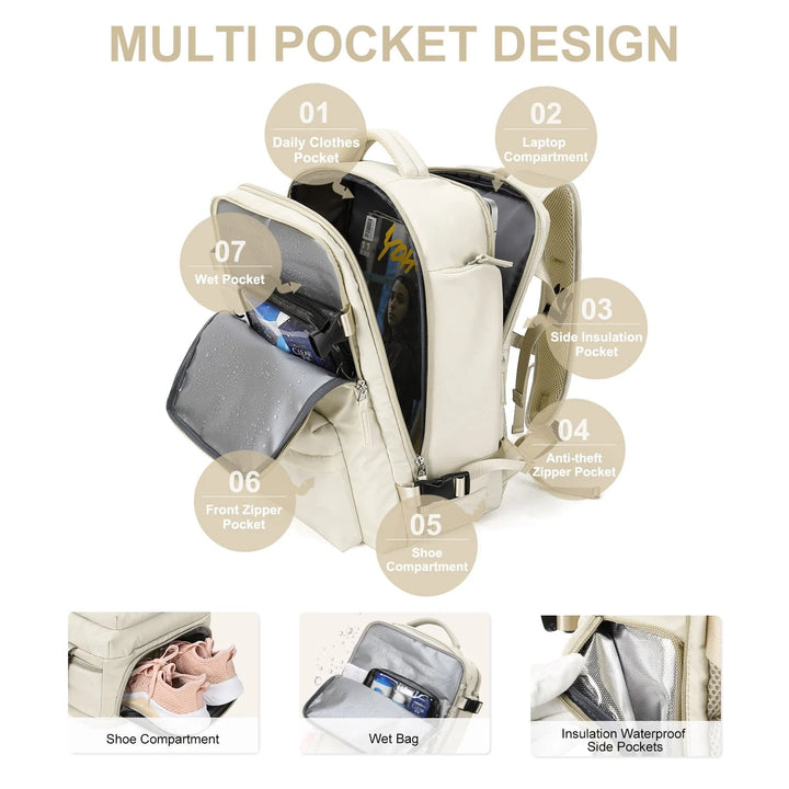 "Sac à dos imperméable bleu marine, grande capacité, avec port USB et design antivol pour voyager et randonnée."