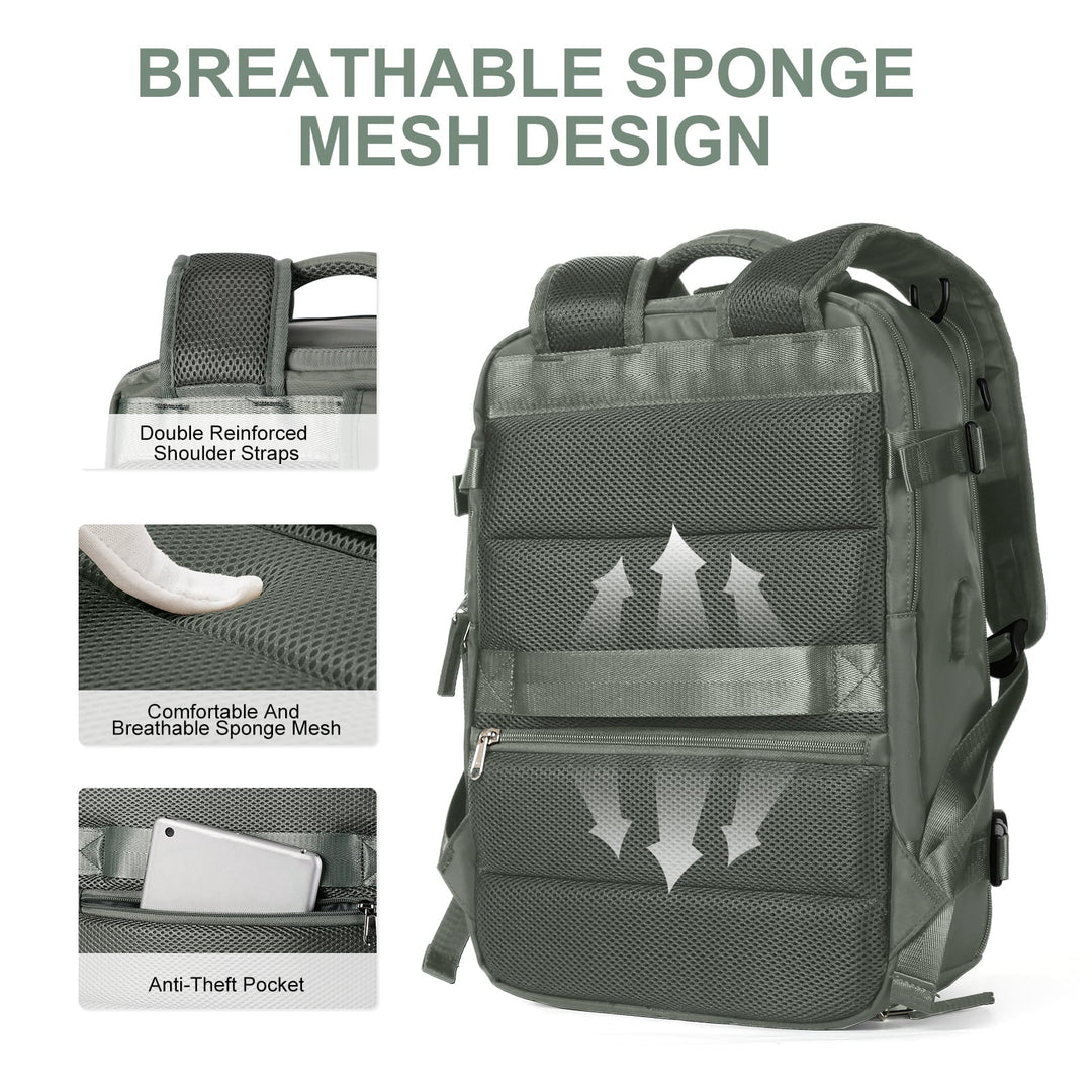 "Sac à dos imperméable bleu marine, grande capacité, avec port USB et design antivol pour voyager et randonnée."