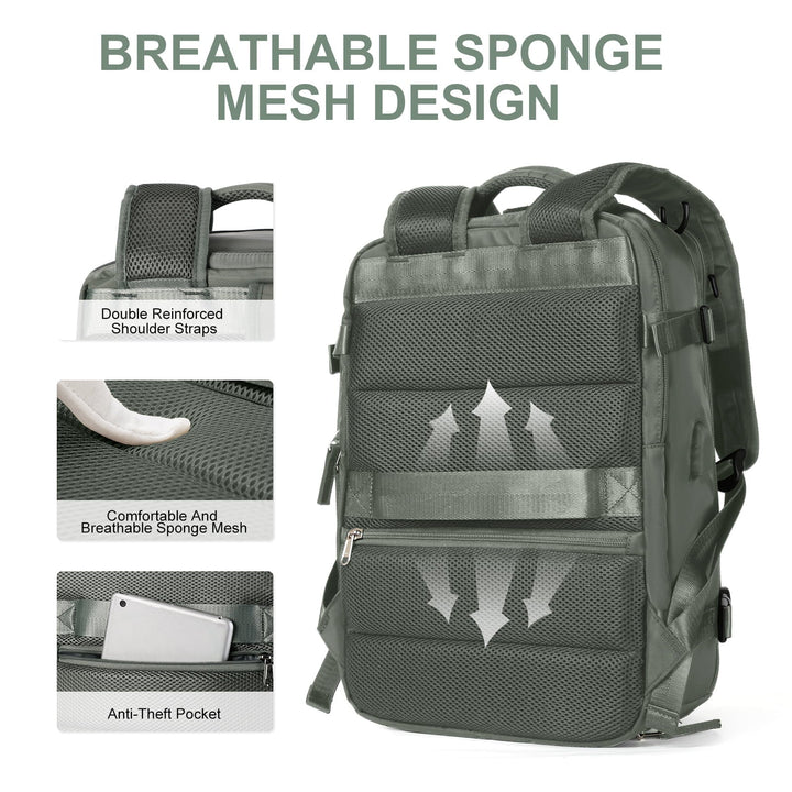"Sac à dos imperméable bleu marine, grande capacité, avec port USB et design antivol pour voyager et randonnée."