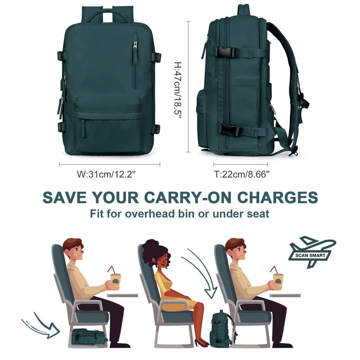 "Sac à dos imperméable bleu marine, grande capacité, avec port USB et design antivol pour voyager et randonnée."