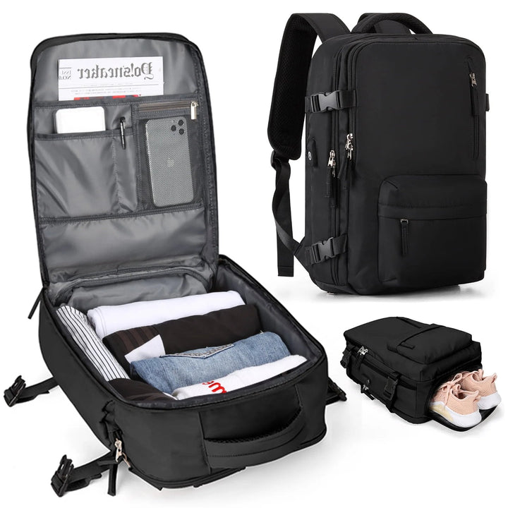 "Sac à dos imperméable bleu marine, grande capacité, avec port USB et design antivol pour voyager et randonnée."