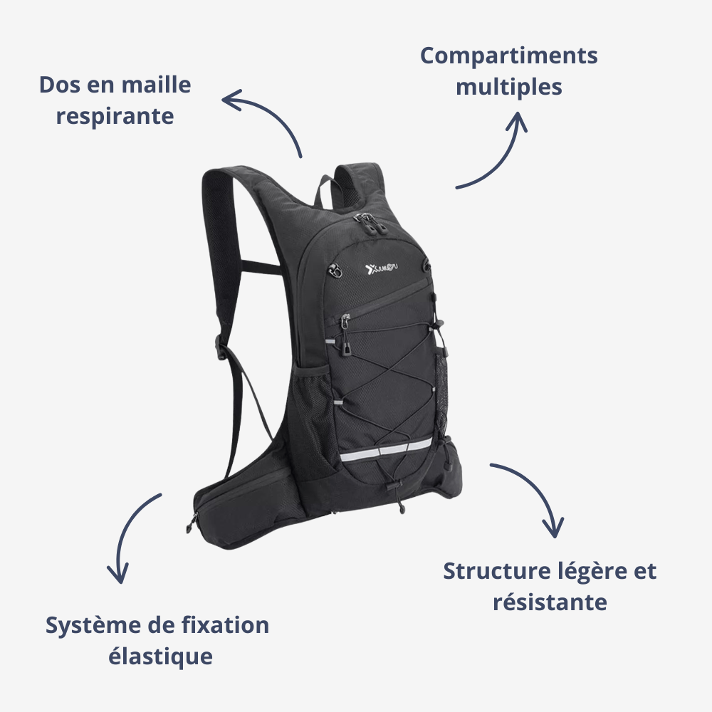 "Sac à dos léger pour randonnée et vélo, dos en maille respirante, design compact et robuste, idéal plein air."