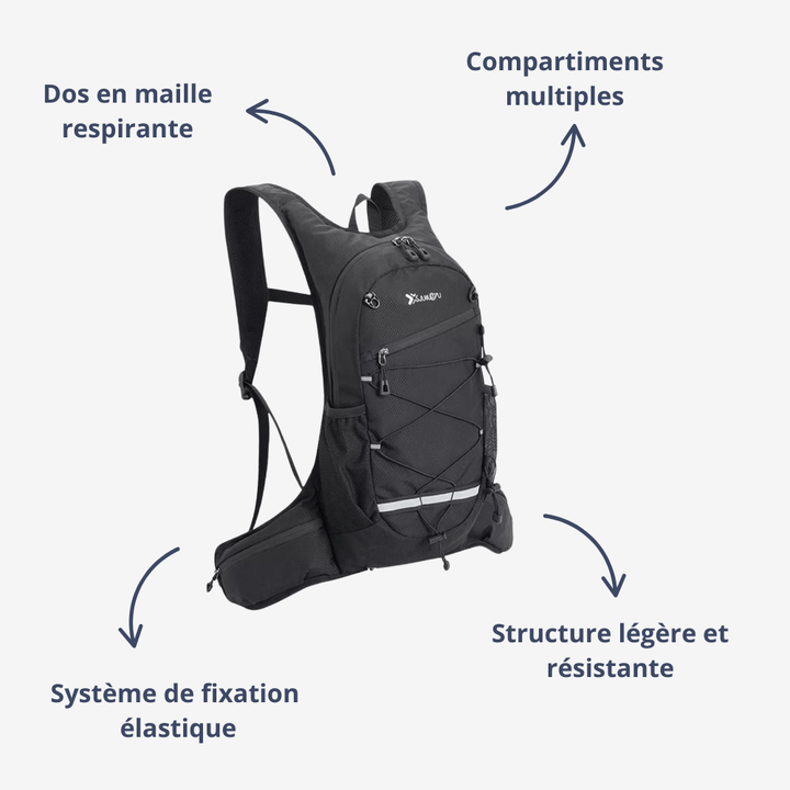 "Sac à dos léger pour randonnée et vélo, dos en maille respirante, design compact et robuste, idéal plein air."