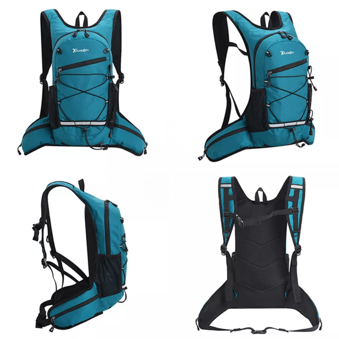 "Sac à dos léger pour randonnée et vélo, dos en maille respirante, design compact et robuste, idéal plein air."