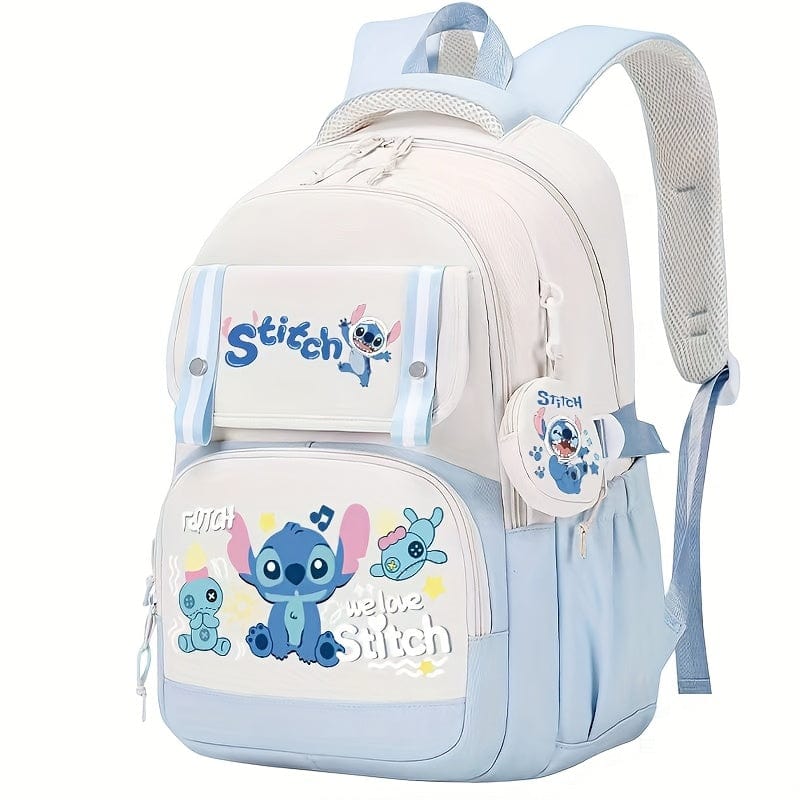 Sac à dos scolaire enfant coloré, grande capacité, design animé, compartiments multiples, confortable, bleu et blanc.