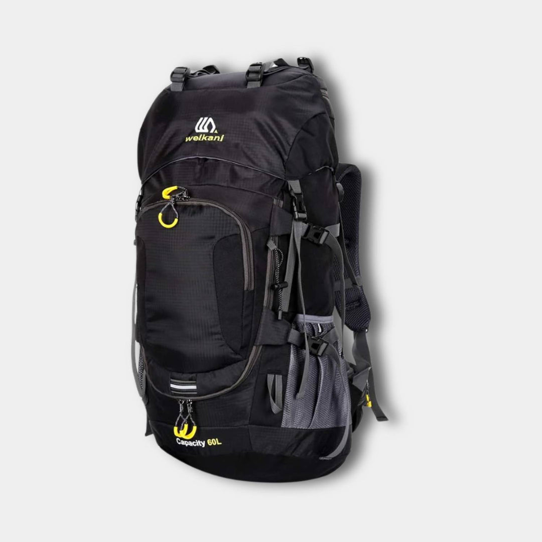 Sac à dos vert AdventurePack étanche, 60L, idéal pour randonnée et aventures, tissu robuste, grande capacité, confortabilités