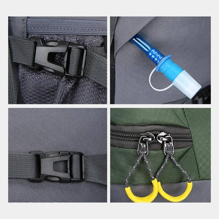 Sac à dos vert AdventurePack étanche, 60L, idéal pour randonnée et aventures, tissu robuste, grande capacité, confortabilités
