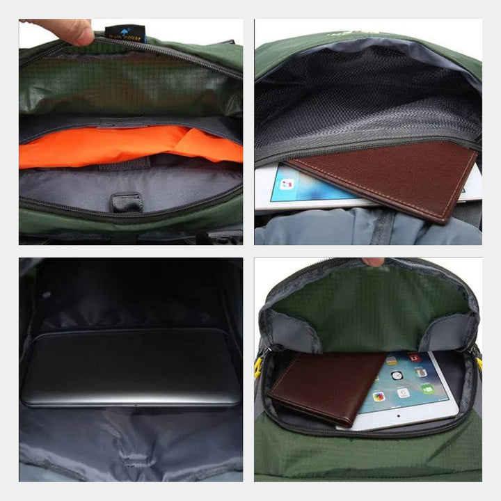 Sac à dos vert AdventurePack étanche, 60L, idéal pour randonnée et aventures, tissu robuste, grande capacité, confortabilités