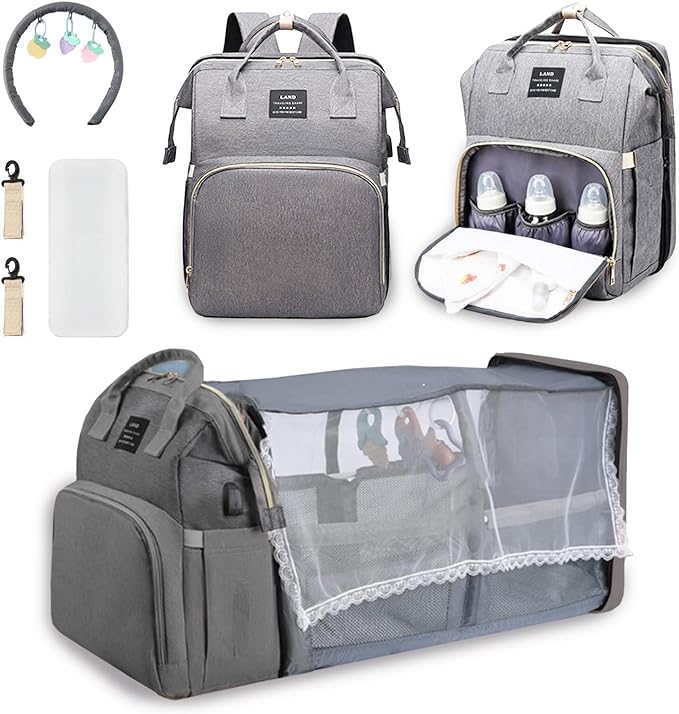 "Sac à langer 3 en 1 élégant et ergonomique avec lit intégré, bretelles ajustables, et compartiments multiples, coloris gris.