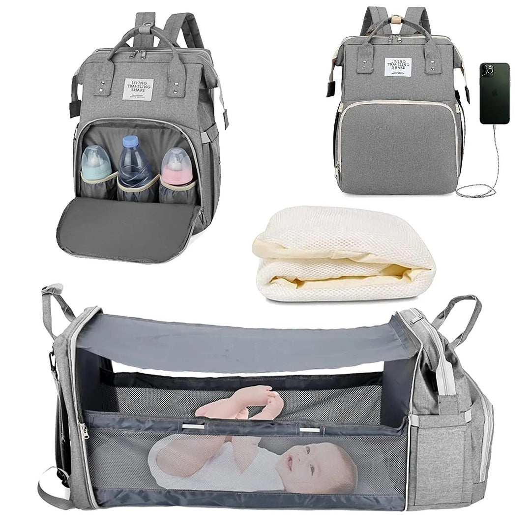 "Sac à langer 3 en 1 élégant et ergonomique avec lit intégré, bretelles ajustables, et compartiments multiples, coloris gris.